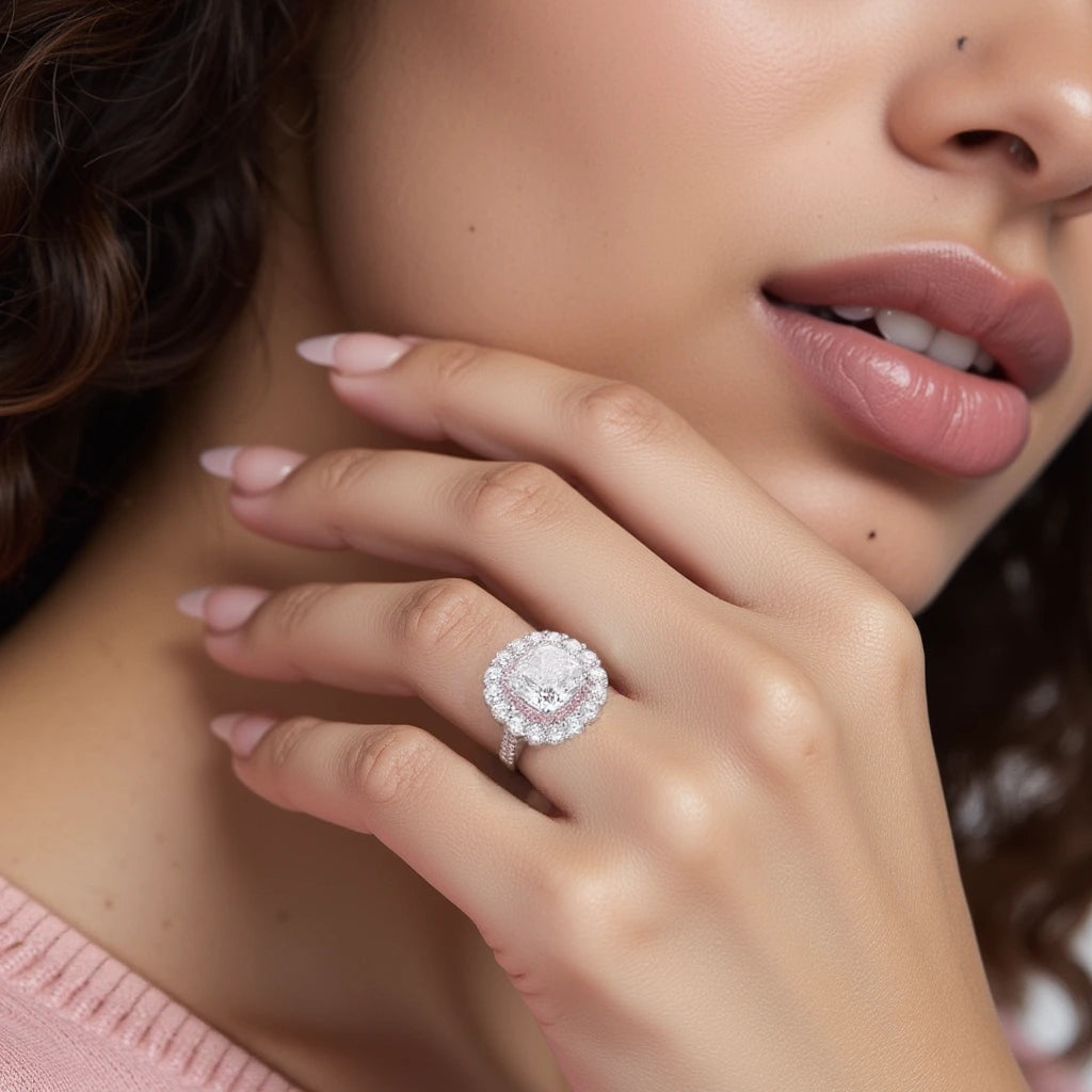 Close-up of a woman's hand wearing a diamond Elysian Cushion Ring