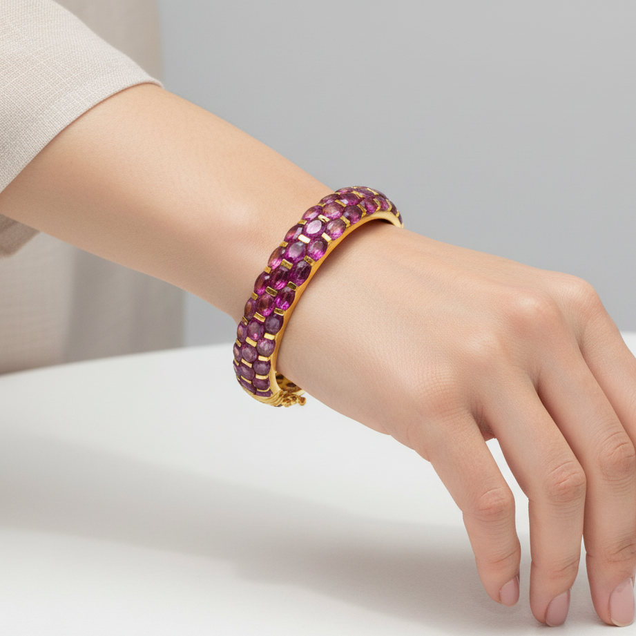 Gold Bangle with Amethyst Cabochons