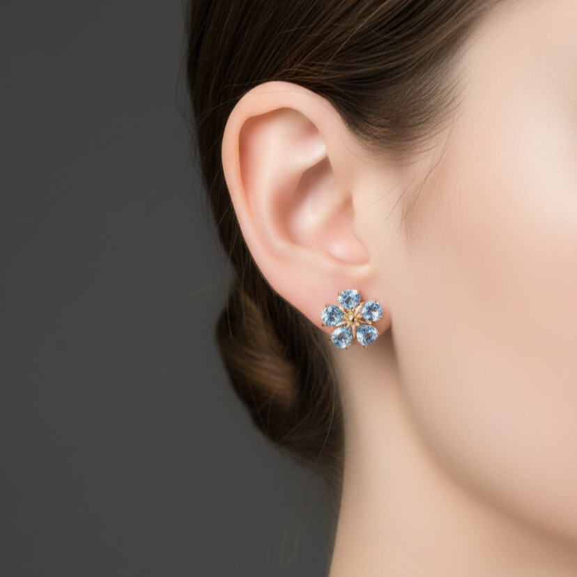 Gold Stud Earrings with Bluish-Green Aquamarine Cluster