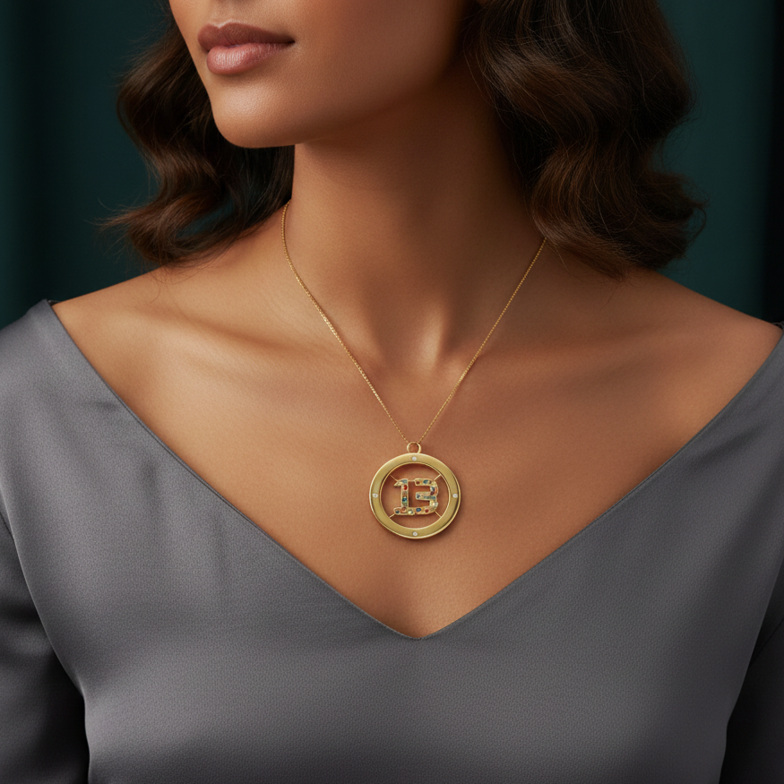 Gold "13" Pendant with Vibrant Color Stones