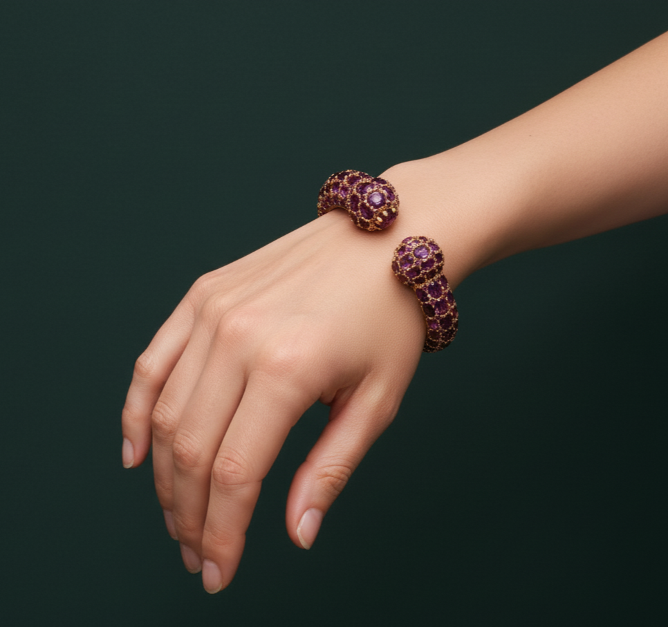 Yellow Gold Plated Bangle Featuring Cabochon Amethysts