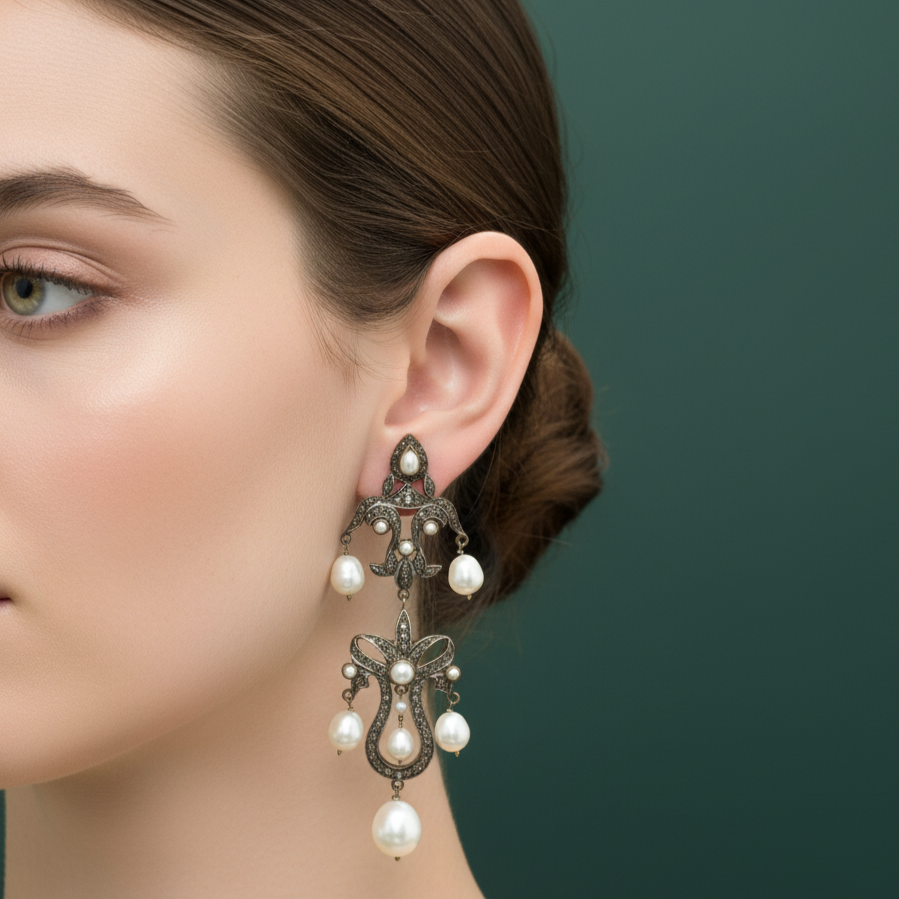 Elegant Silver Dangle Earrings with Pearl Cabochons