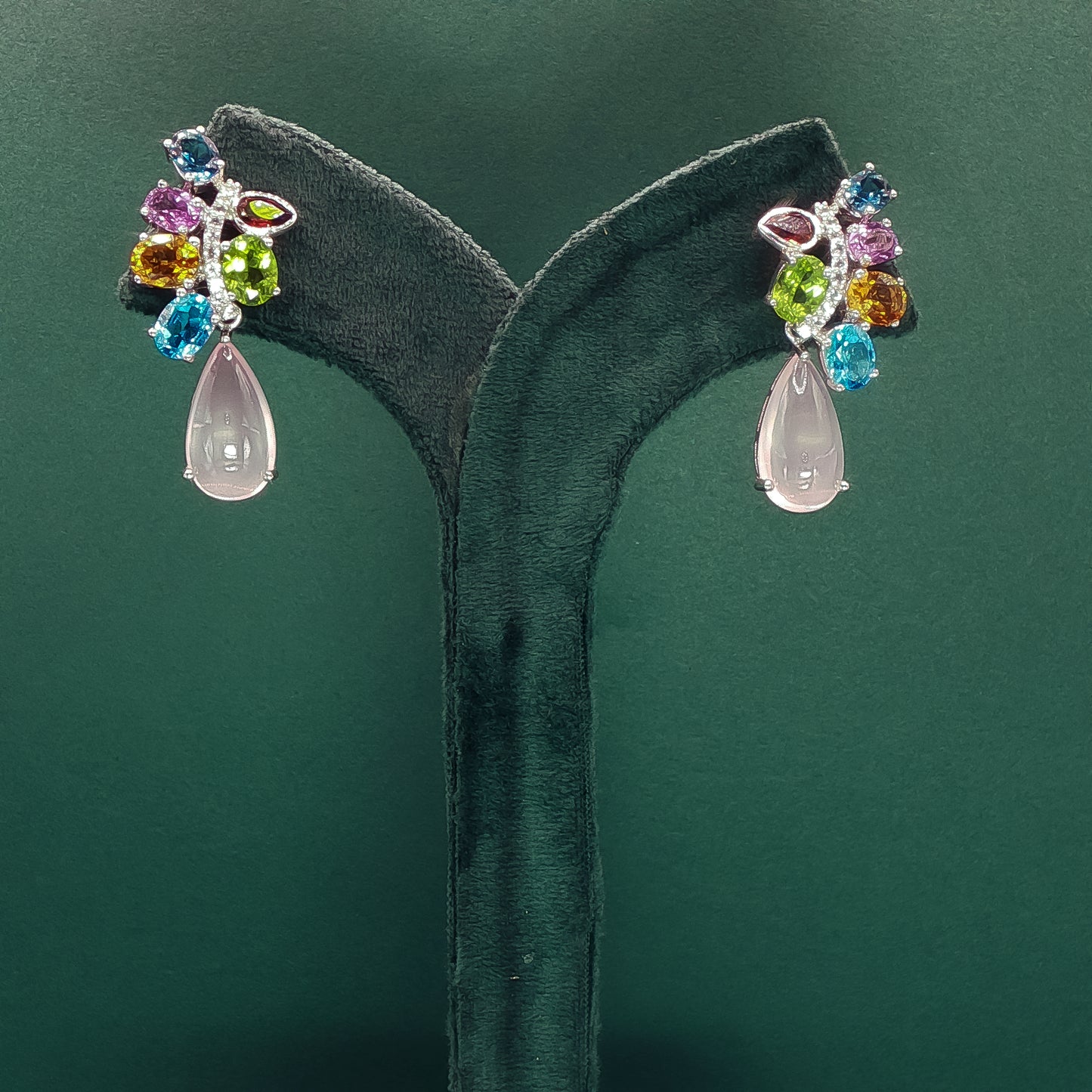 White Gold Drop Earrings with Cabochon Rose Quartz Gemstones