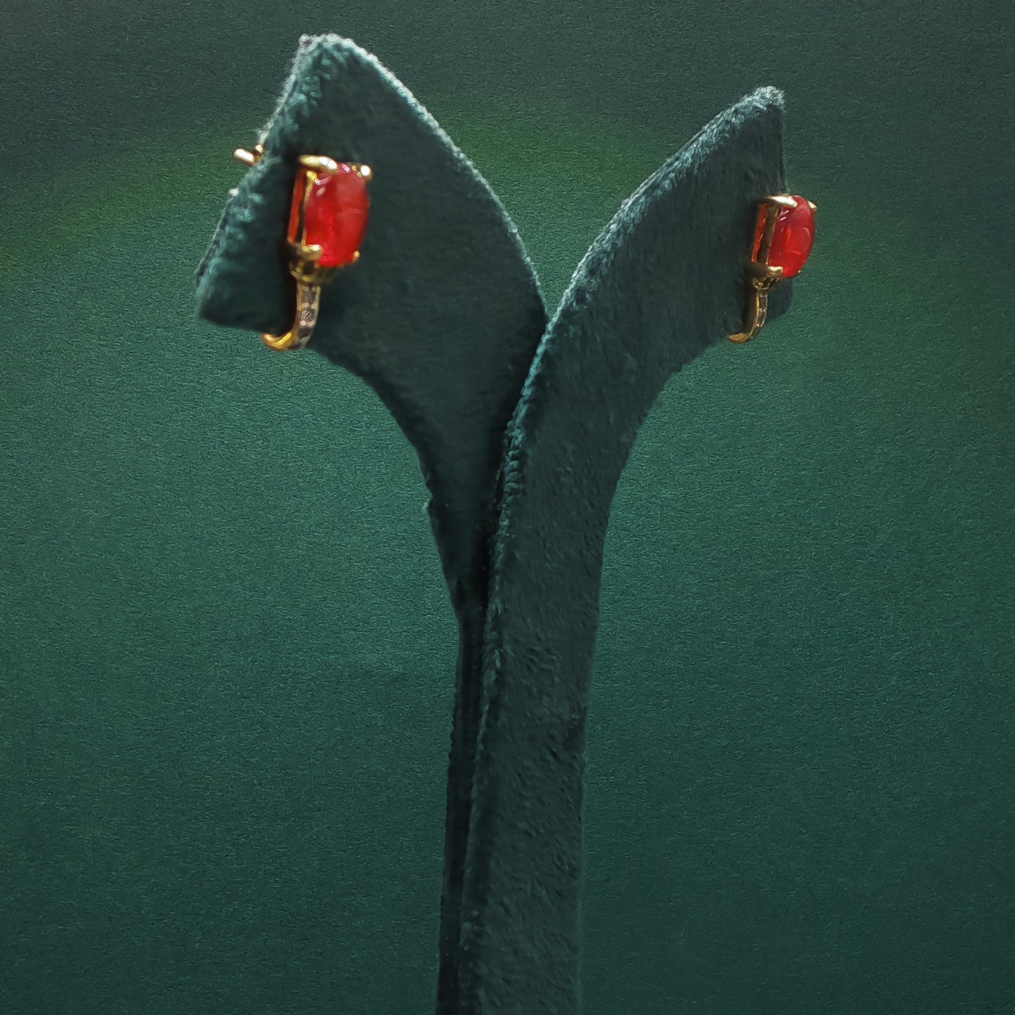 Gold Stud Earrings with Cabochon Ruby