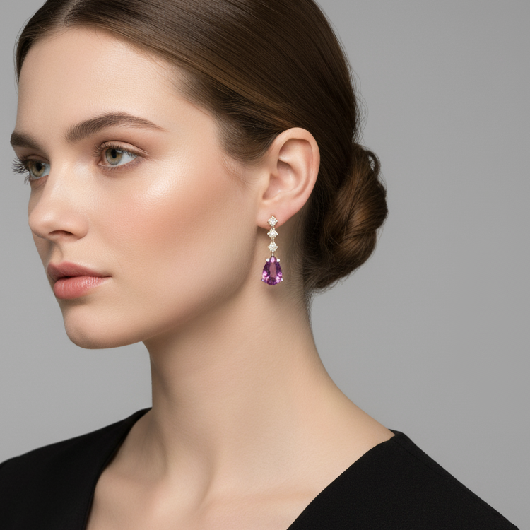 Yellow Gold Drop Earrings with Pear Shaped Amethyst Cabochons