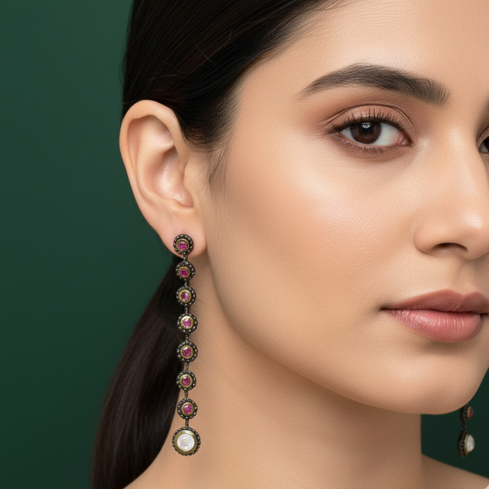 Silver Dangle Earrings with Round Cabochon Red Rubies