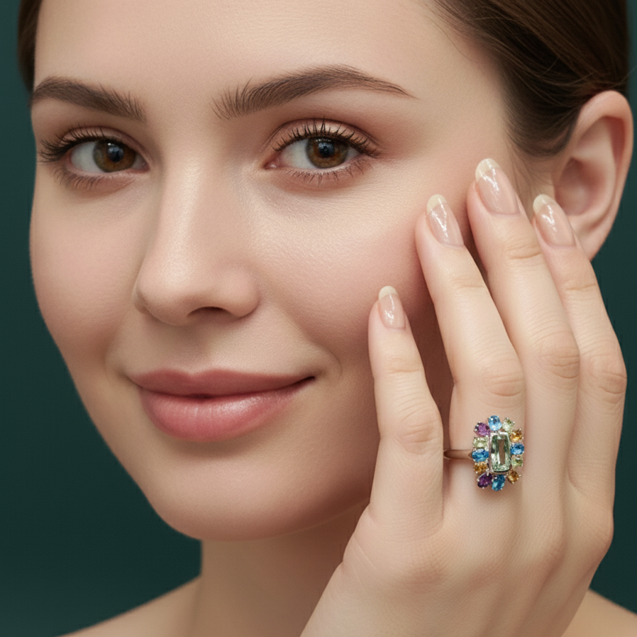 Sterling Silver Cocktail Ring with Oval Cabochon Amethyst