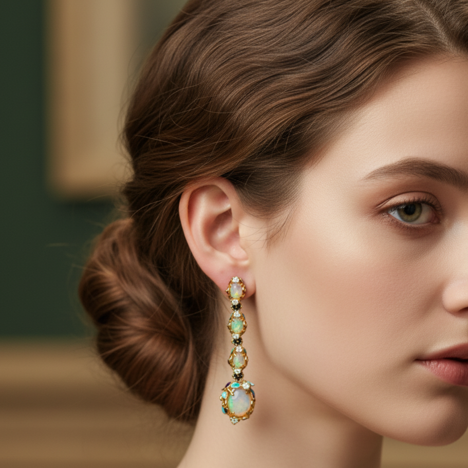 Gold Dangle Earrings with Cabochon Opal