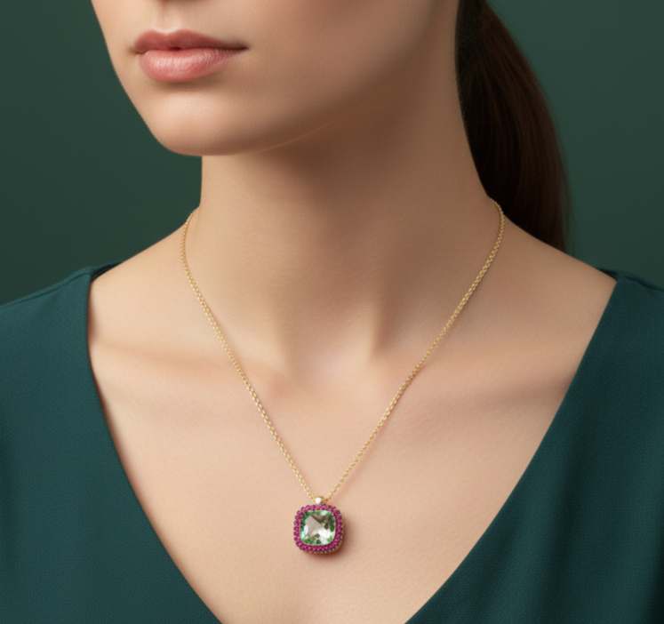 Gold Charm Necklace with Square-Cut Ruby