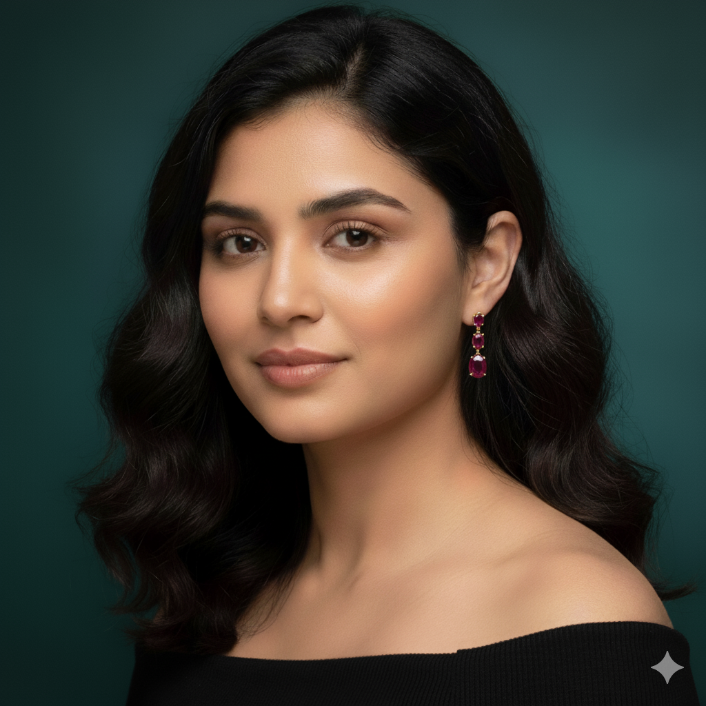 Gold Drop Earrings with Round Cabochon Rubies