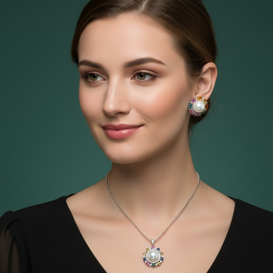 Silver Pendant set with Pearl Cabochon and Gemstone Halo