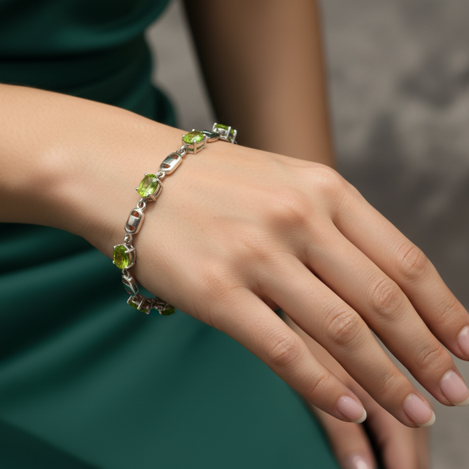 Sterling Silver Chain Bracelet with Oval Cabochon Peridots