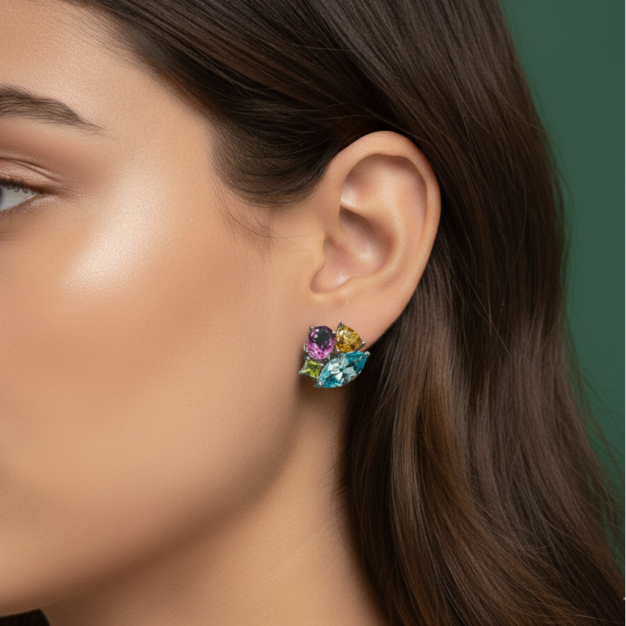 White Gold Cluster Earrings with Cabochon Amethyst Gemstone