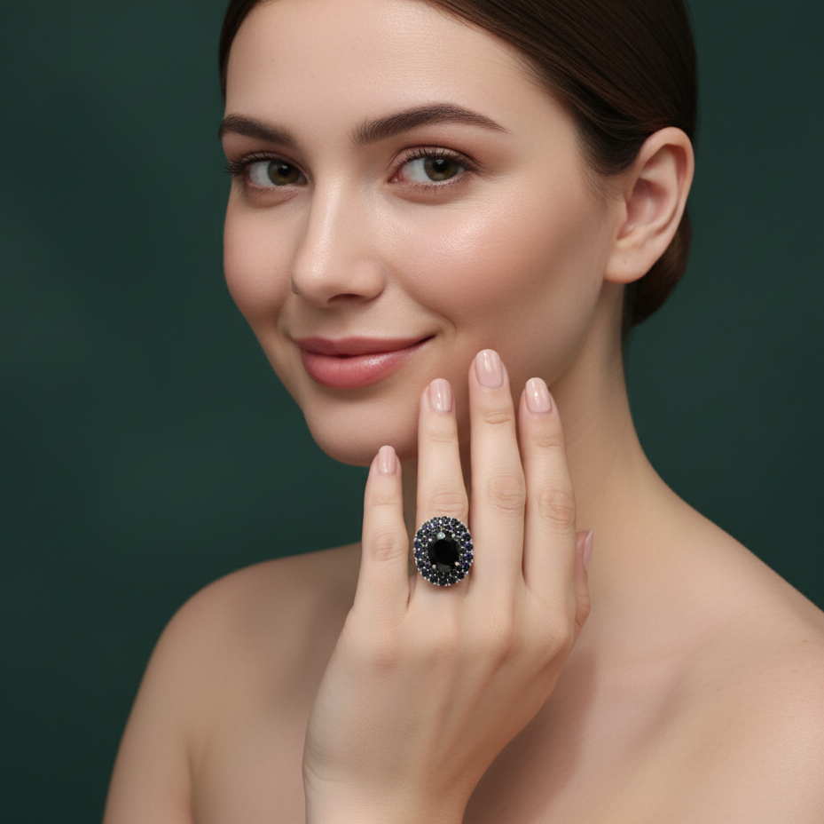 Sapphire Cabochon Silver Cocktail Ring