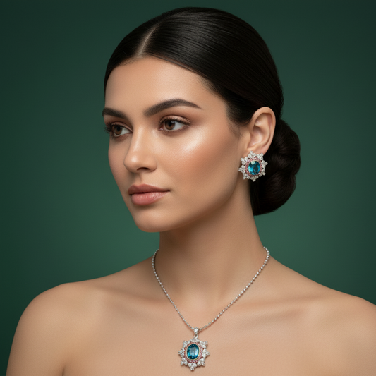 Stud Earrings and Pendant with Chain  with Oval Cabochon Blue Topaz