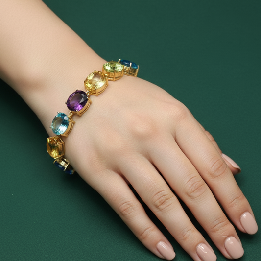 Gold Chain Bracelet with Oval Amethyst Cabochons