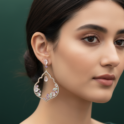 Gold Dangle Earrings with Oval Cabochon Rose Quartz