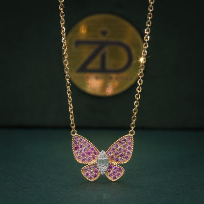 Exquisite 18K Gold Butterfly Pendant Necklace with Pink Sapphires & Diamond Center