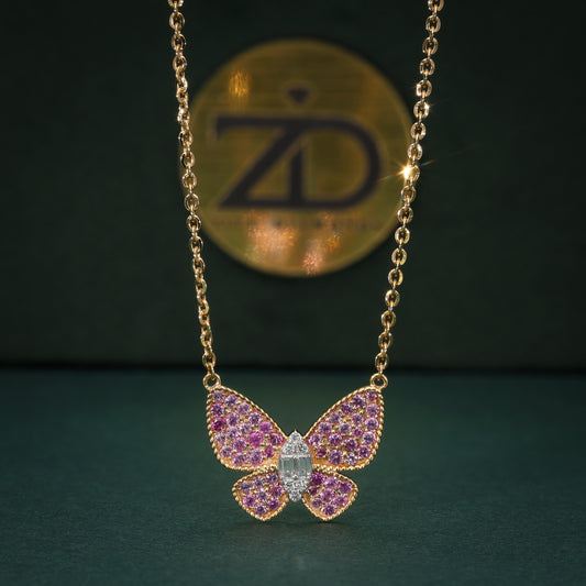 Exquisite 18K Gold Butterfly Pendant Necklace with Pink Sapphires & Diamond Center