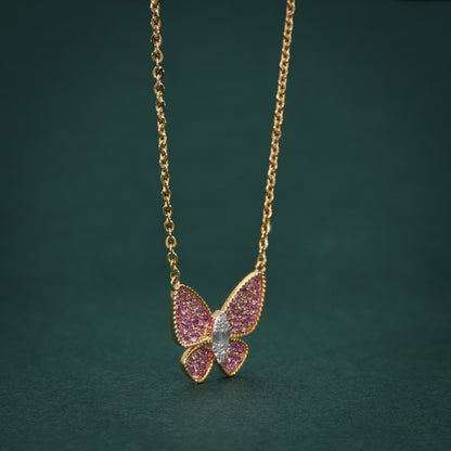 Exquisite 18K Gold Butterfly Pendant Necklace with Pink Sapphires & Diamond Center