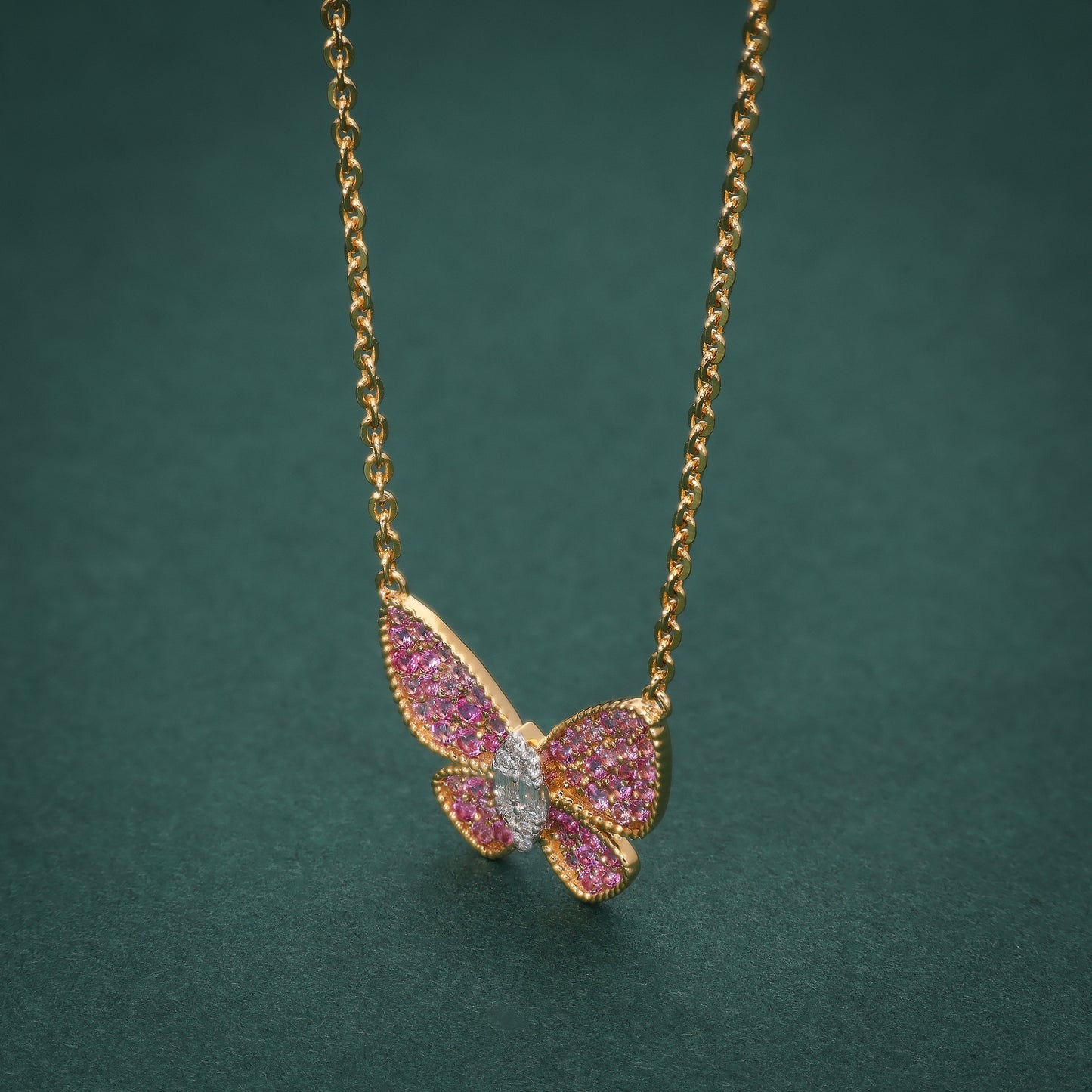 Exquisite 18K Gold Butterfly Pendant Necklace with Pink Sapphires & Diamond Center