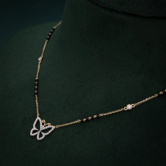 Butterfly Design Lab-Grown Diamond Mangalsutra in 18K Gold with Black Beads