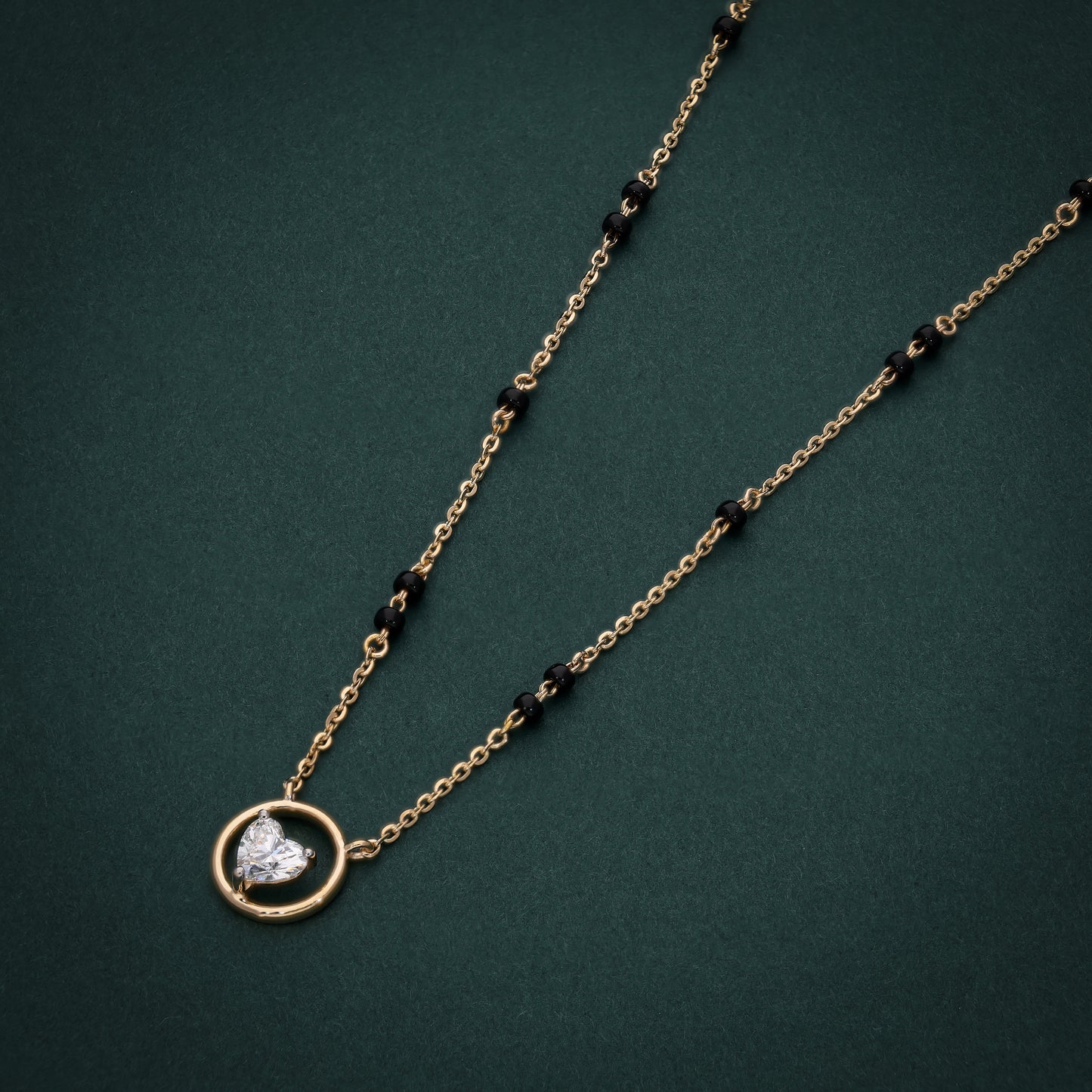 Heart-Inspired Lab-Grown Diamond Mangalsutra in 18K Gold with Circular Pendant & Black Beads