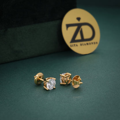 Diamond Gleam Gold Studs - 4 Prongs - 14KT Gold