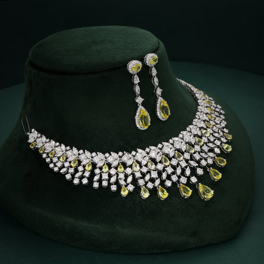 Golden Frost Necklace Set on on a green velvet stand