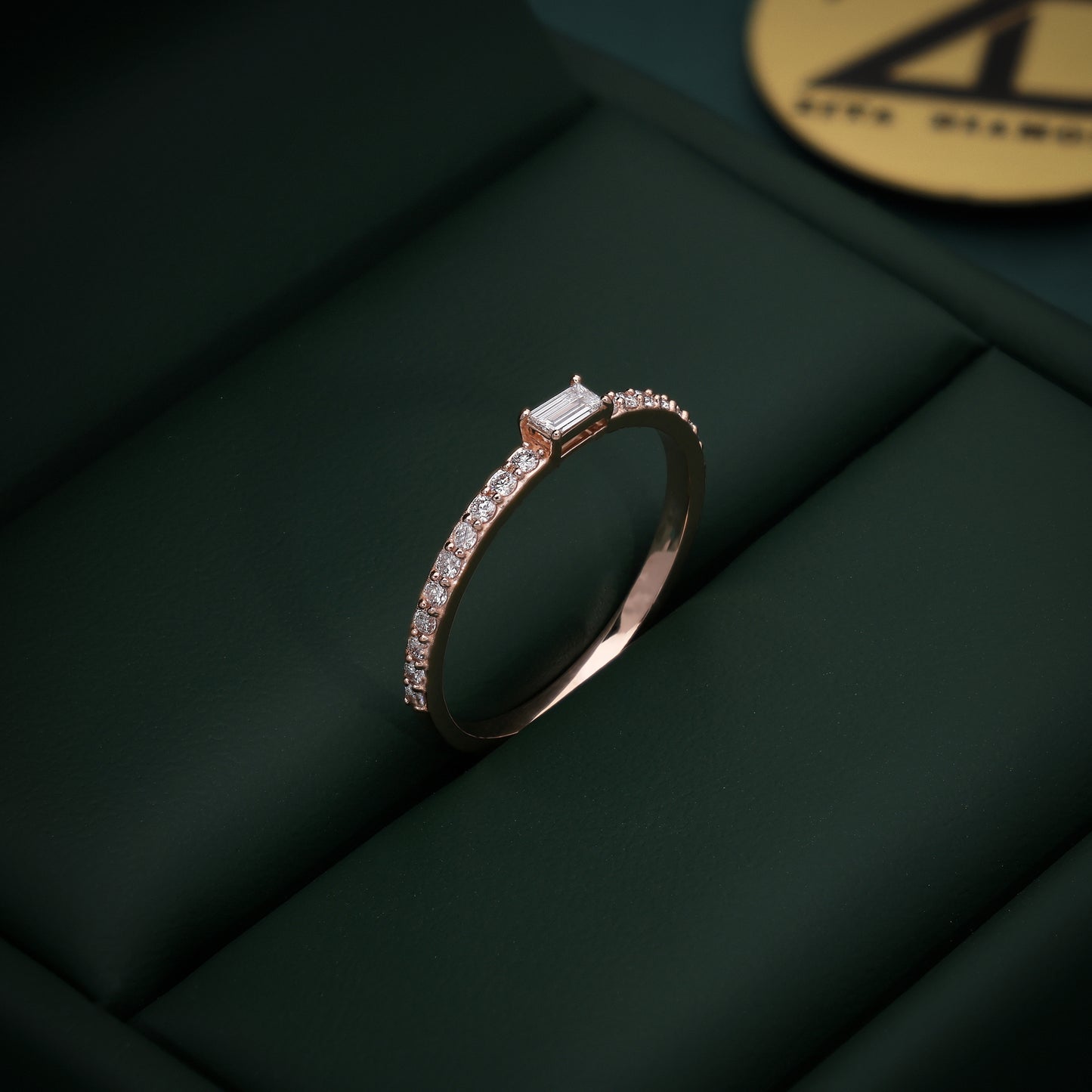 18KT Gold Baguette Diamond Ring with Pavé Band