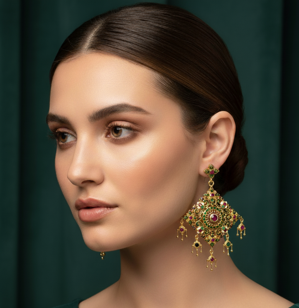 Gold Dangle Earrings with Round Red Ruby Cabochons