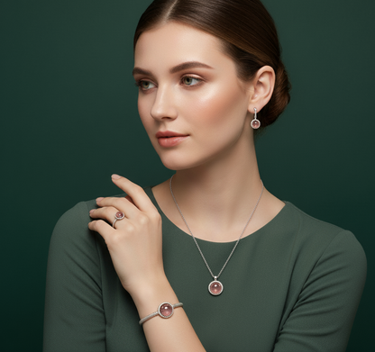 Rose Quartz Set with Elegant Cabochon-cut Reddish-Purple Gemstone