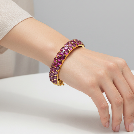 Gold Bangle with Amethyst Cabochons