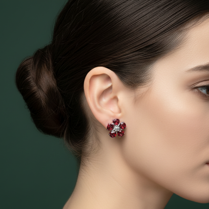 Gold Stud Earrings with Brilliant Cut Red Ruby Floral Design