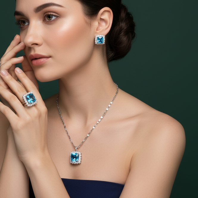 White Gold Charm Necklace with Cushion-Cut Blue Topaz Set