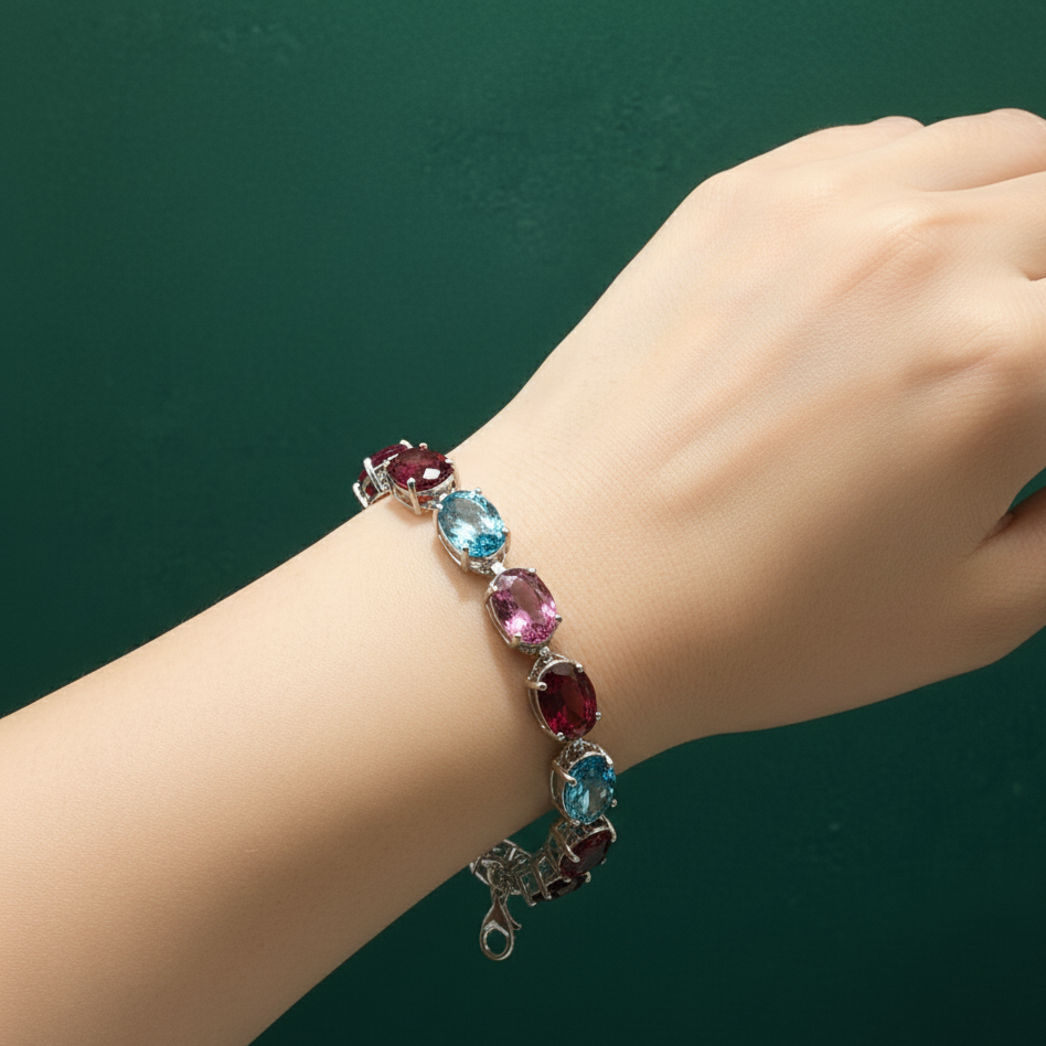 Amethyst Oval Cabochon Silver Tennis Bracelet