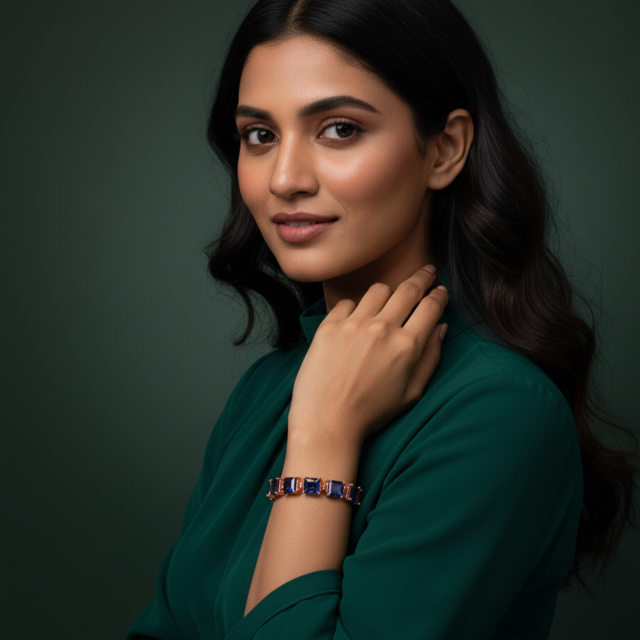 Gold Chain Bracelet with Deep Blue Square Sapphires