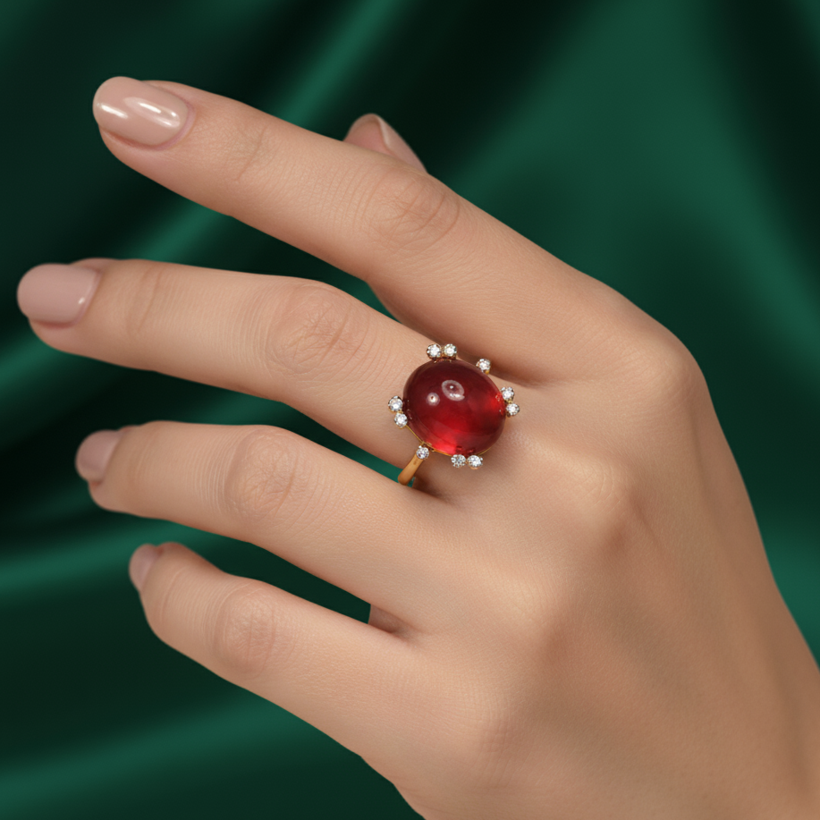 Gold Cocktail Ring with Cabochon Cut Ruby
