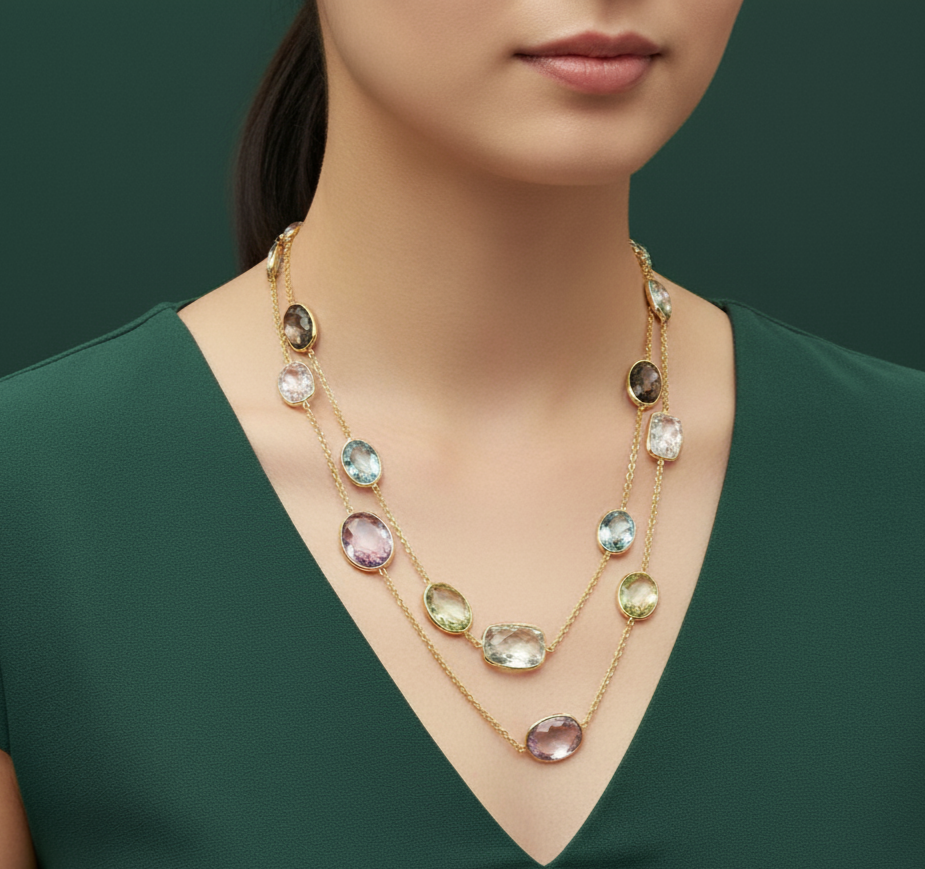 Crystal Cabochon Yellow Gold Chain Necklace