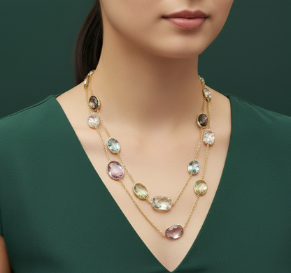 Crystal Cabochon Yellow Gold Chain Necklace