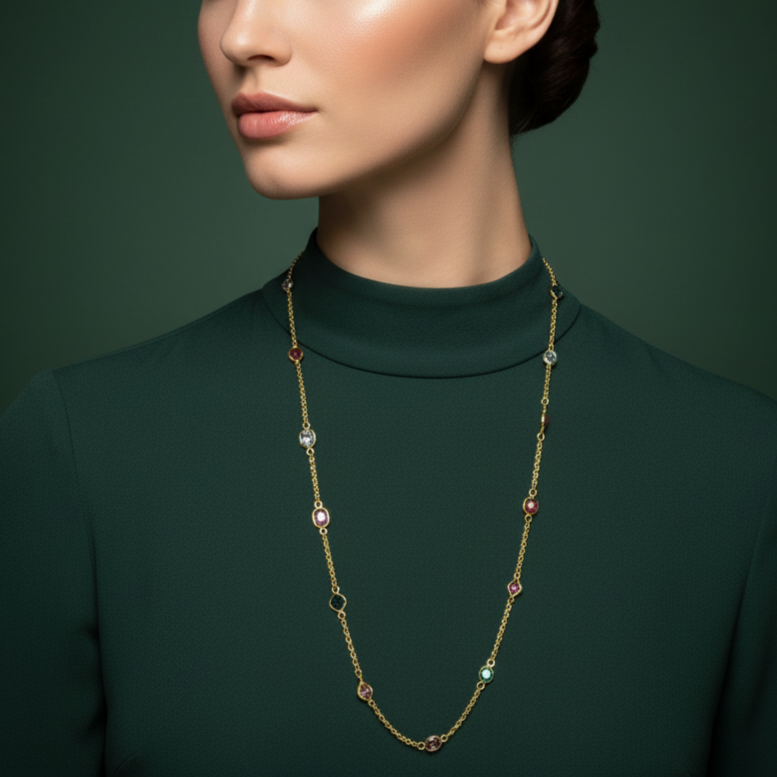 Yellow Gold Chain Necklace with Cabochon Ruby Accents