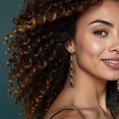 Gold Dangle Earrings with Lapis Lazuli Pear Cabochons