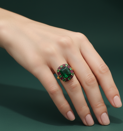 Gold Cocktail Ring with Step-Cut Emerald
