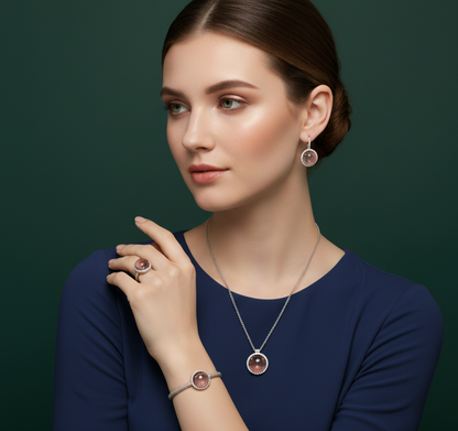 Sterling Silver Bangle Bracelet with Round Rose Quartz Cabochon