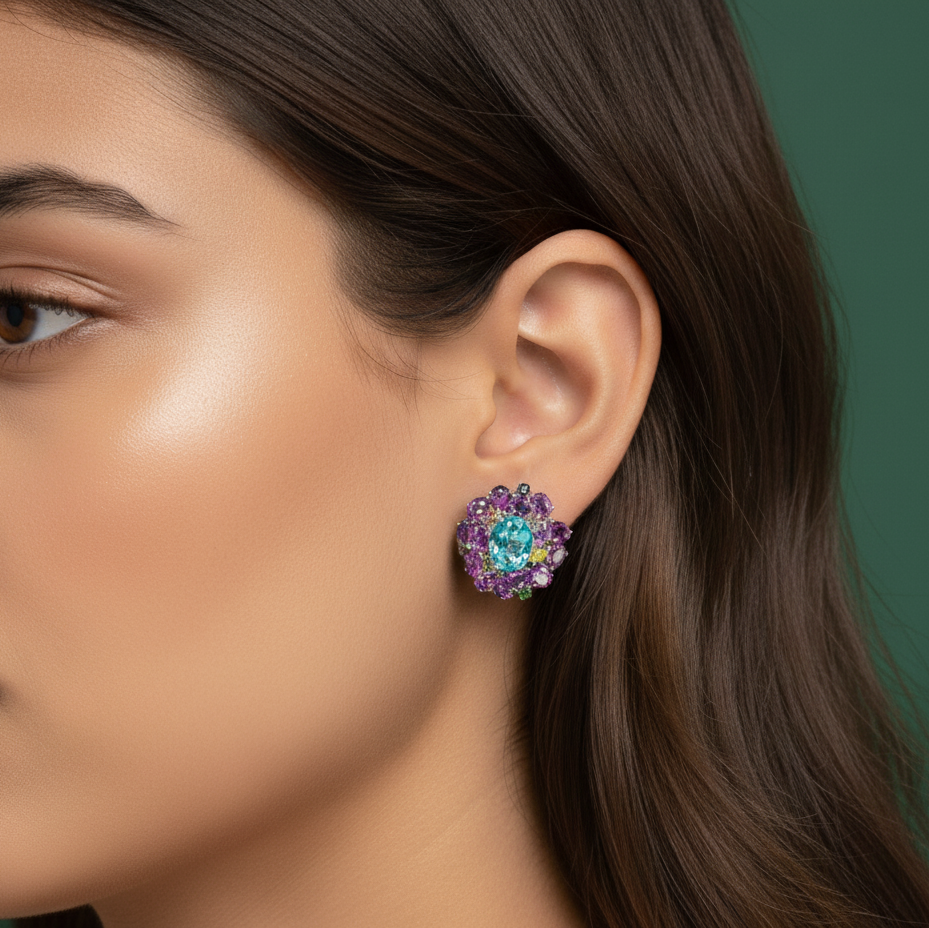 Silver Cluster Earrings with Cabochon Blue Topaz