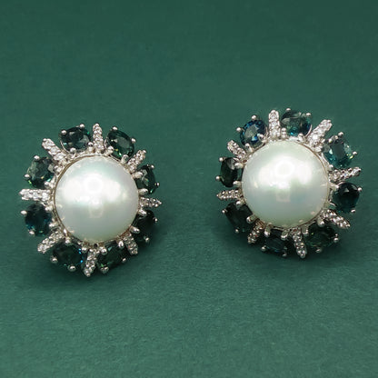 White Gold Charm Necklace with Cushion-Cut Blue Topaz Studs