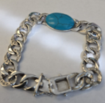 Sterling Silver Cuban Link Bracelet with Turquoise Oval Stone