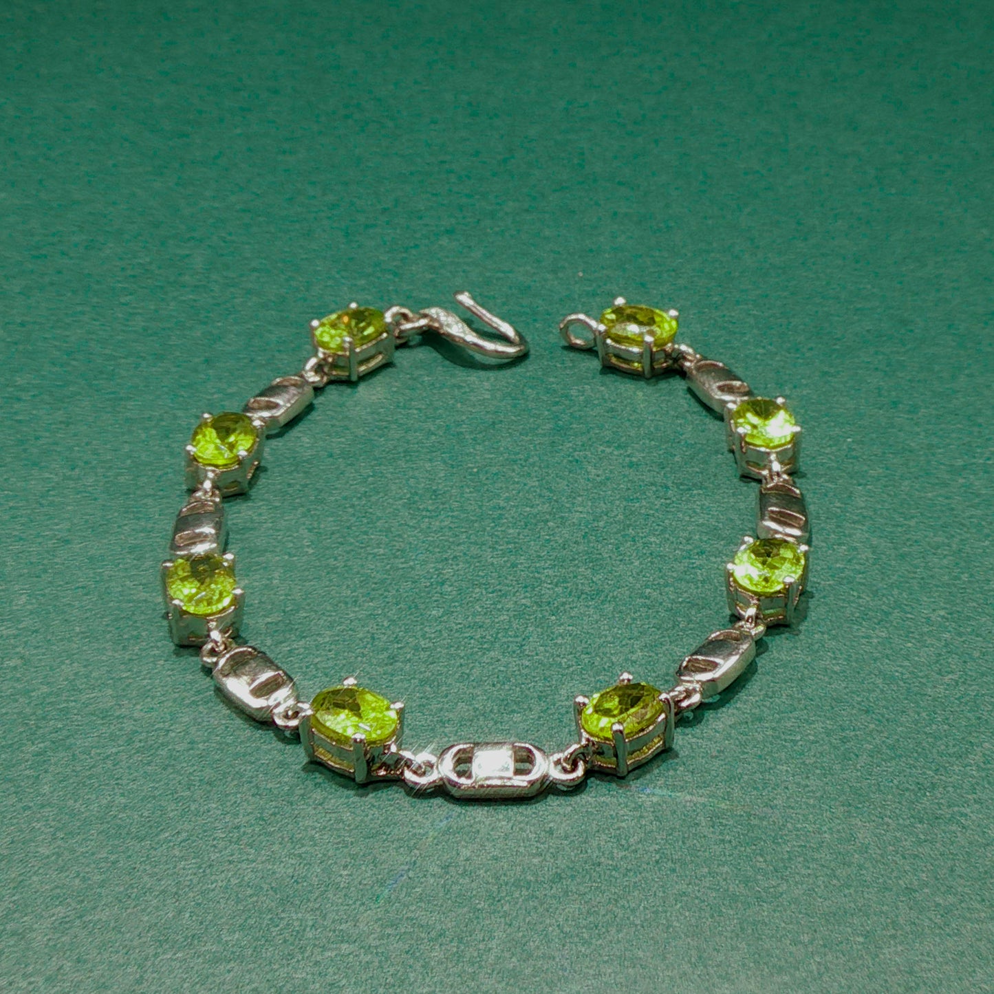 Sterling Silver Chain Bracelet with Oval Cabochon Peridots