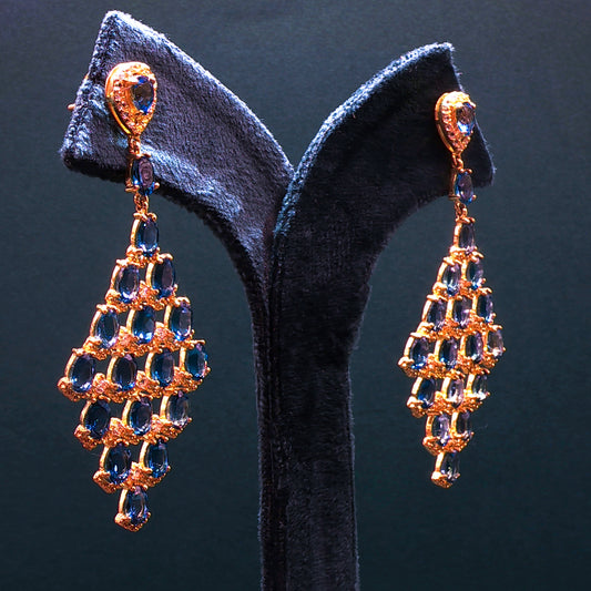 Yellow Gold Dangle Earrings with Deep Blue Sapphire Cabochons