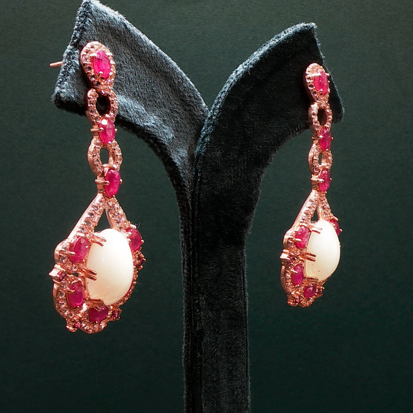 Gold Dangle Earrings with Cabochon Ruby Gemstones